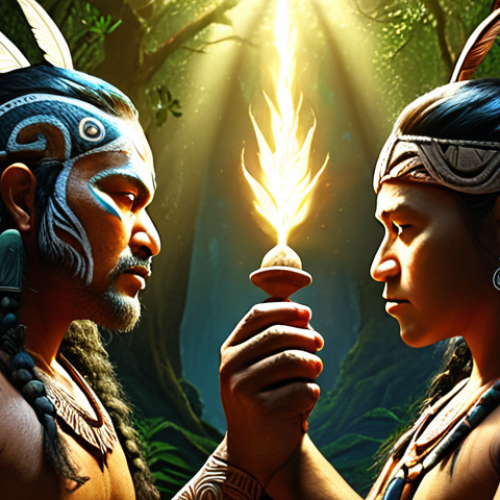 Home 4 **Prompt:** "Tāne Mahuta, god of forests and birds, forcefully separating Rangi (sky father) and Papa (earth mother), creating light. Dramatic lighting, Maori mythology illustration."