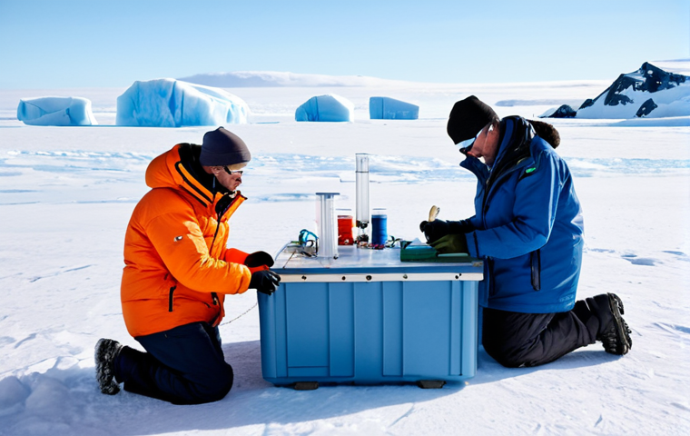 **

"Scientists in fully clothed, professional Arctic gear examining ice core samples at a research station in Antarctica.  The station is modern and well-equipped, with visible scientific instruments.  Icy landscape visible in the background, safe for work, appropriate content, perfect anatomy, natural proportions, family-friendly, high quality, professional photography."

**