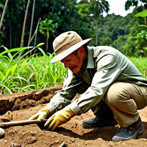 Home 17 **
"An archaeologist, fully clothed in appropriate field attire (khaki pants, long-sleeved shirt, hat), carefully brushes dirt from a human skull at an archaeological dig site in the Brazilian Amazon. The skull shows signs of intentional cranial deformation. Lush rainforest background. Safe for work, appropriate content, perfect anatomy, natural proportions, professional, family-friendly, modest clothing, high quality."
**