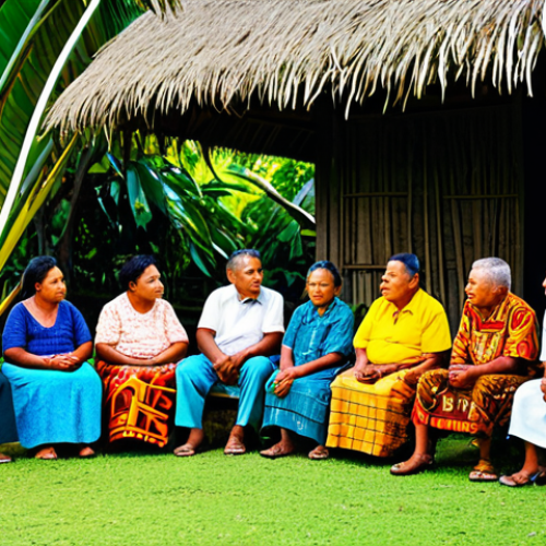Home 8 **
"A gathering of Samoan elders under a mango tree, fully clothed in traditional attire, listening intently to a storyteller. The scene is lit by soft afternoon light, highlighting the intricate patterns of their clothing and the serene expressions on their faces. Background shows a traditional Samoan village with thatched roofs and lush tropical foliage. Safe for work, appropriate content, family-friendly, perfect anatomy, natural proportions, professional photography, high quality."
**