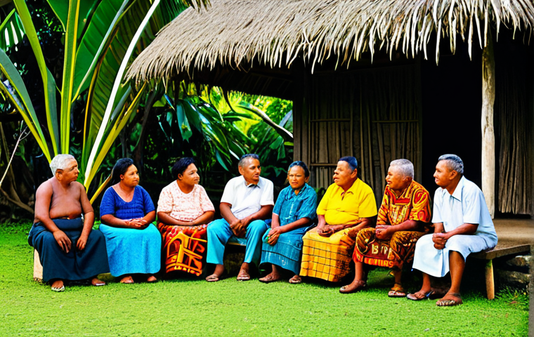 **

"A gathering of Samoan elders under a mango tree, fully clothed in traditional attire, listening intently to a storyteller. The scene is lit by soft afternoon light, highlighting the intricate patterns of their clothing and the serene expressions on their faces. Background shows a traditional Samoan village with thatched roofs and lush tropical foliage. Safe for work, appropriate content, family-friendly, perfect anatomy, natural proportions, professional photography, high quality."

**