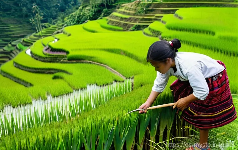 필리핀 바나우에 계단식 논의 전설 - **Prompt:** "A breathtaking panoramic shot of the Banaue Rice Terraces, sprawling across majestic Ph...