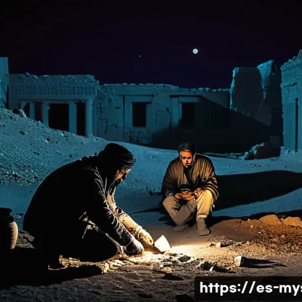 시리아 유물 밀매 의혹 사건 - A dramatic scene depicting a group of armed smugglers covertly excavating ancient Syrian artifacts a...