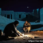 Home 21 시리아 유물 밀매 의혹 사건 - A dramatic scene depicting a group of armed smugglers covertly excavating ancient Syrian artifacts a...