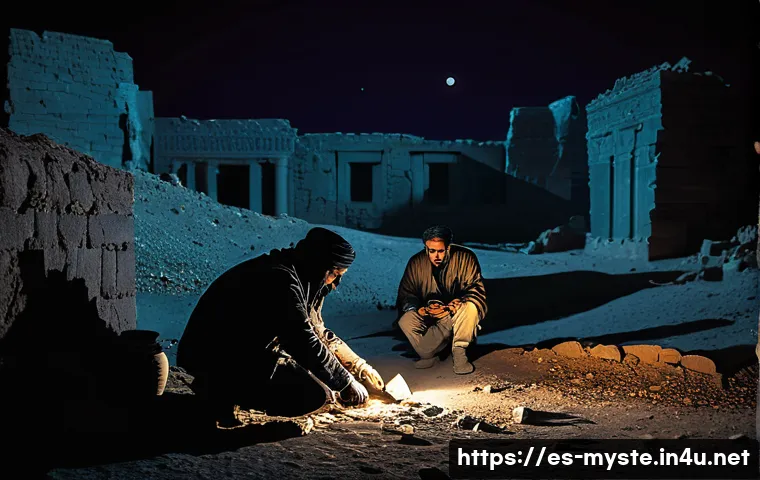 시리아 유물 밀매 의혹 사건 - A dramatic scene depicting a group of armed smugglers covertly excavating ancient Syrian artifacts a...