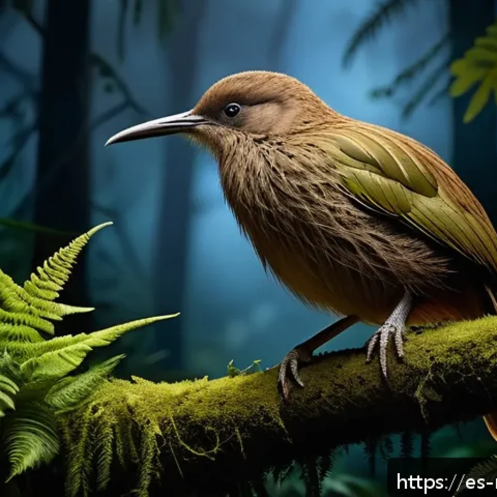 뉴질랜드 키위 미스터리 - A realistic, detailed scene of a native New Zealand kiwi bird in its natural forest habitat at night...