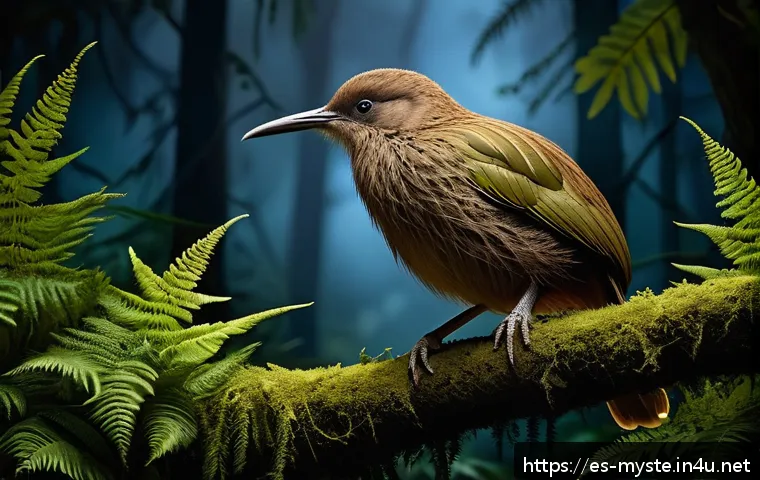 뉴질랜드 키위 미스터리 - A realistic, detailed scene of a native New Zealand kiwi bird in its natural forest habitat at night...