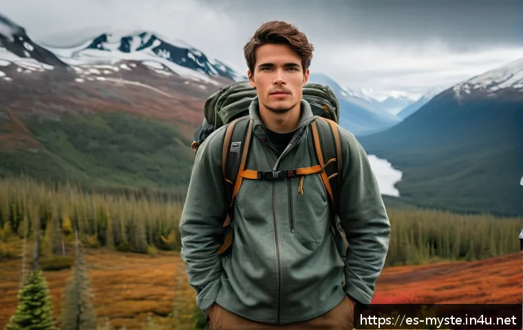 크리스토퍼 맥켄드리스 죽음 사건 - A young adult male adventurer wearing rugged outdoor clothing and a sturdy backpack, standing at the...