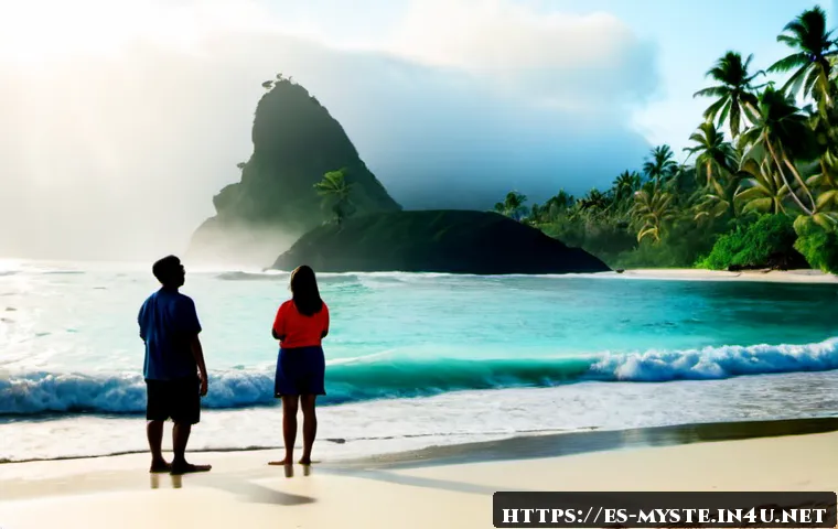 피지 바다 괴물 목격담 - Photorealistic dawn on a remote Fiji beach, a Spanish-speaking family of tourists in casual modest r...