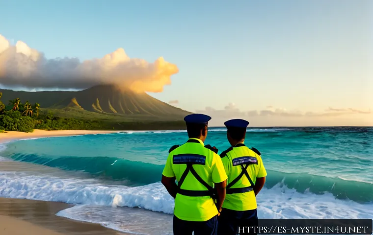사이판 해변 실종 사건 - Photorealistic early-morning search scene on a quiet Saipan beach, two coast guard responders in bri...