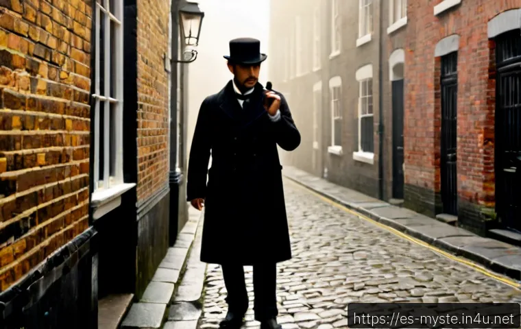 Home 15 잭 더 리퍼 사건 - Photorealistic Victorian London crime investigation scene in a foggy Whitechapel alley at dawn, a se...